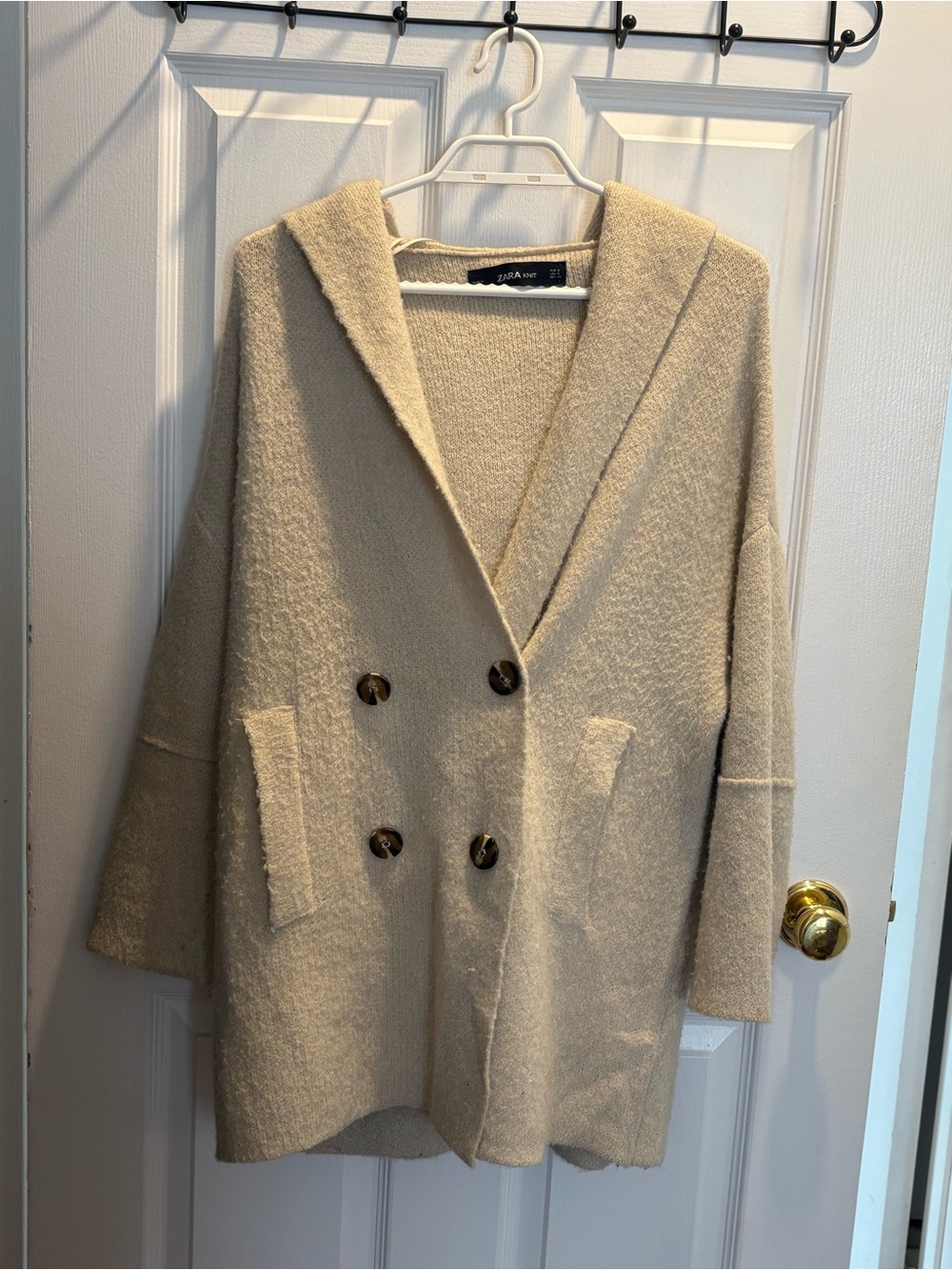 Zara Cream Double-Breasted Hooded Pea Coat